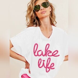 BiBi White Tee with Pink 'Lake Life' Script